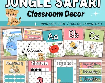 Dschungel Safari Klassenzimmer Dekor Bündel | Druckbares Klassenzimmer Thema | Alphabet Poster, Zahlen, Formen, Kalender | PDF für Lehrer zum Ausdrucken