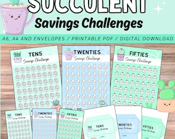 Succulent Savings Challenges / Tens, Twenties & Fifties / Digital Download A6, A4, Cash Envelopes