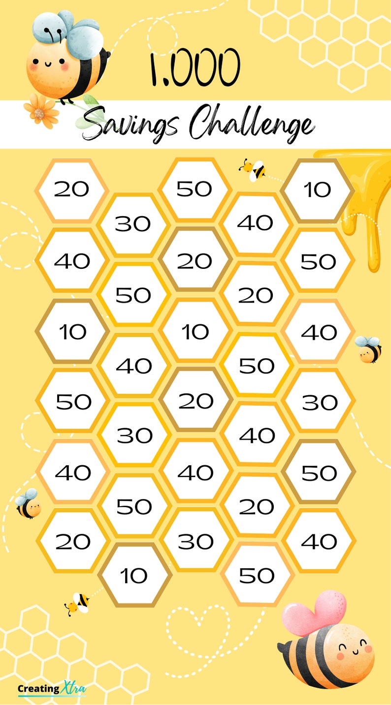 Bee Savings Challenges A6 / Money Savings Tracker / Save 500, 1000 and 2000 image 3