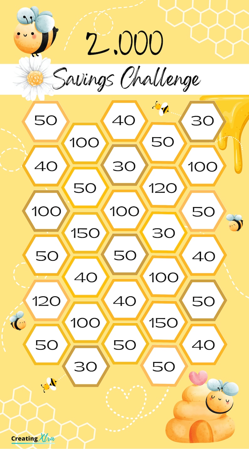 Bee Savings Challenges A6 / Money Savings Tracker / Save 500, 1000 and 2000 image 4