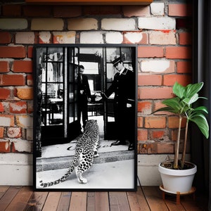 Retro vintage print panter in restaurant - ouderwetse fotografie canvas muurkunst decor - zwart-wit ingelijste trendy luipaard jaguar