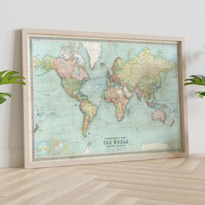 Vintage wereldkaart 1914, Bartholomeus-kaart van de wereld op de projectie van Mercator, vintage muurkunst nautische kaart posterafdruk, canvas