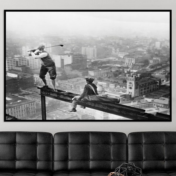 Golf auf Wolkenkratzer Beam, Golf Wandkunst, schwarz weiß Kunst, Vintage Wandkunst, lustige Wandkunst, altes Golf Foto, Leinwand fertig zum Aufhängen