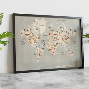 Tela incorniciata, mappa a tema dinosauri, mappa del mondo per bambini, decorazione da parete per la scuola domestica, arte da parete per la cameretta dei bambini, cartello con mappa a tema dinosauri