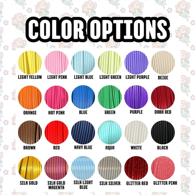 May include: A graphic displaying a variety of color options. The text "COLOR OPTIONS" is at the top. Below are 20 color swatches, each labeled with a color name, including Light Yellow, Light Pink, Blue, Green, Purple, and Black.