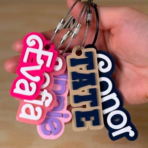 May include: A collection of four personalized name keychains attached to metal wire loops. The tags feature raised lettering in various colors including hot pink with white text, light pink with purple text, beige with navy text, and navy with white text.