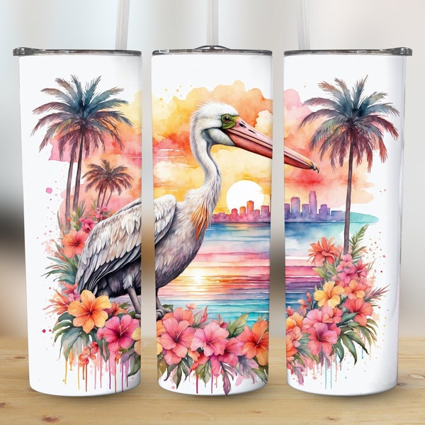 Florida Pelican, 20 oz Skinny Tumbler Sublimation Design, Straight and Tapered Tumbler Wrap, Instant Digital Download PNG