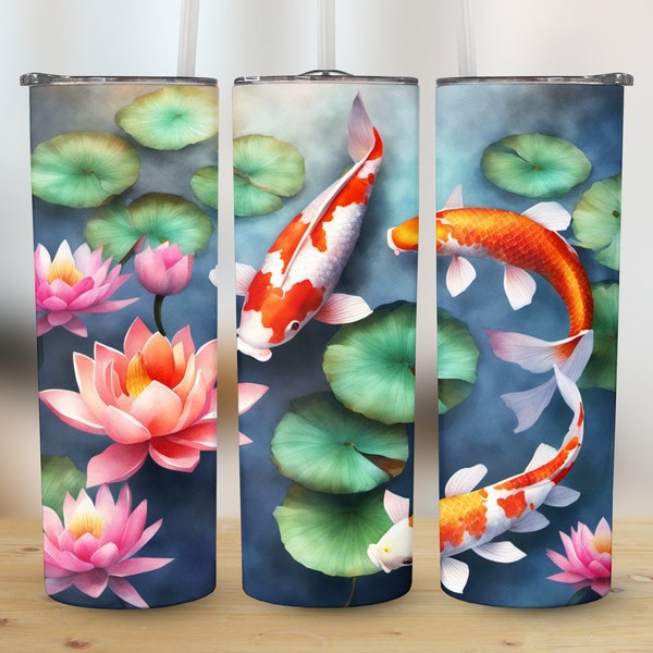 Koi Fish Tumbler Wrap, 20 oz Skinny Tumbler Sublimation Design, Straight and Tapered Tumbler Wrap, Instant Digital Download PNG