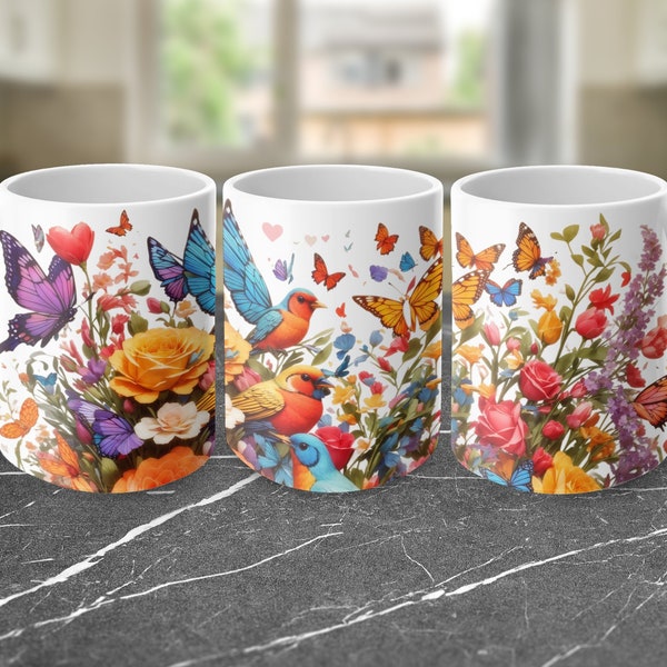 Heart Shaped Flowers Birds Butterflies, 11oz and 15oz Mug Sublimation Wrap, Digital Download Mug PNG, 3D Mug Wrap, Coffee Mug PNG