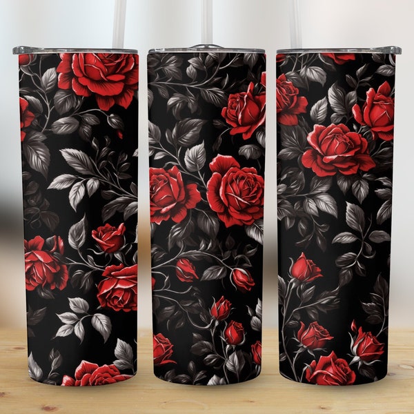 3D Seamless Black Red Roses, 20 oz Skinny Tumbler Sublimation Design, Straight and Tapered Tumbler Wrap, Instant Digital Download PNG