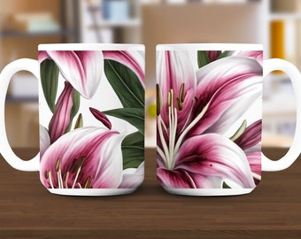3D Oriental Lily Flowers, 11oz and 15oz Mug Sublimation Wrap, Digital Download Mug PNG, 3D Mug Wrap Coffee Mug PNG