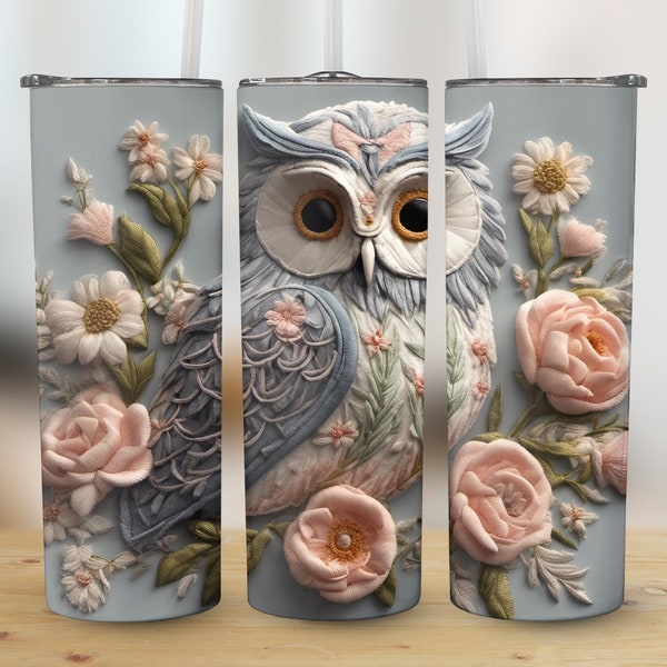 3d Embroidered Flower OWL Tumbler Wrap, 3d Sublimation Tumbler Design, 3d 20oz Skinny Tumbler, Straight and Tapered, Digital Download PNG