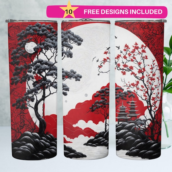 Scenic Japan Art, 20 oz Skinny Tumbler Sublimation Design, Straight Tumbler Wrap, Digital Download PNG, Japanese House Tumbler