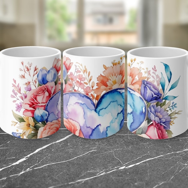 Heart Shaped Flowers, 11oz and 15oz Mug Sublimation Wrap, Digital Download Mug PNG, 3D Mug Wrap, Coffee Mug PNG