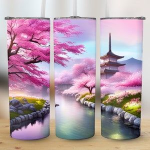 3D Japanese Cherry Blossom, 20 oz Skinny Tumbler Sublimation Design, Straight and Tapered Tumbler Wrap, Instant Digital Download PNG