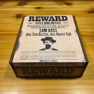 old western cedar wood storage memory keepsake box wanted reward poster 21x22&quot;sq silk rodeo scarf full color western town graphics all over.