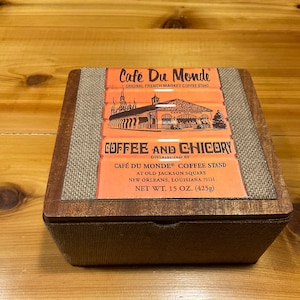 Cafe du Mondi, New Orleans style solid wood cigar storage and coffee bean keeper box. With real coffee bean burlap bag floor