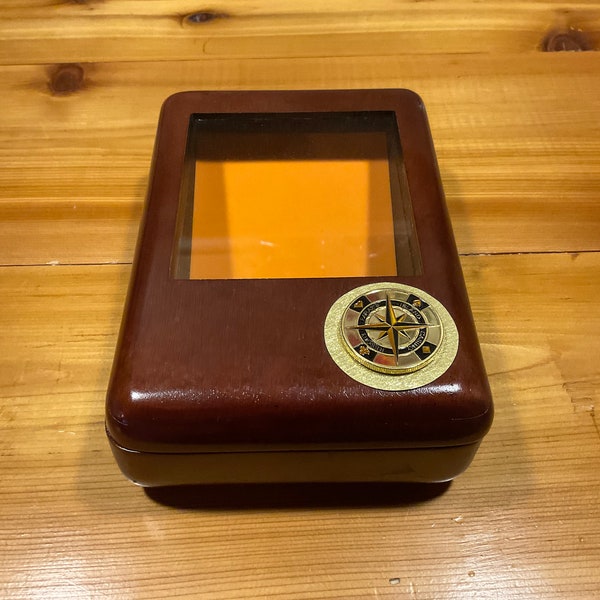 Custom mahogany wood ,glass windowed cigar display box, and a four point nautical compass challenge coin