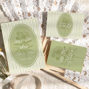 Green Cottagecore Garden Wedding Invitation Suite: Jane Austen Style (Canva Editable Template, Digital Download)