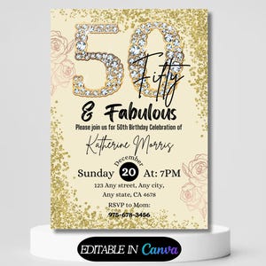 50th Birthday Invitation Dinner Party Invite for Ladies Printable Rose Gold Fifty and Fabulous Editable Digital Download