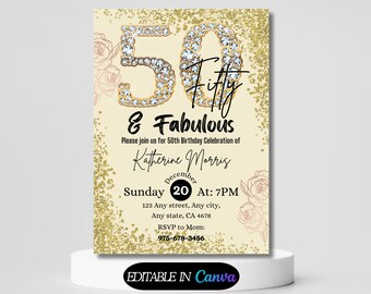 50th Birthday Invitation Dinner Party Invite for Ladies Printable Rose Gold Fifty and Fabulous Editable Digital Download