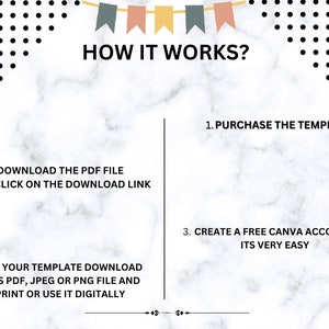 May include: A white marble background with black polka dots and colourful flags at the top. The text "HOW IT WORKS?" is in black. The text below explains how to purchase, download, and edit a template.