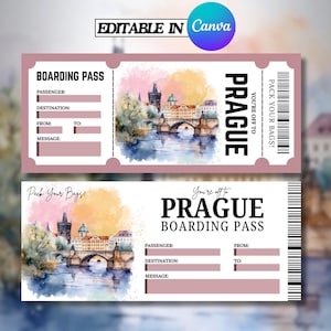 Op de afbeelding: Twee roze boarding pass sjablonen met de tekst "Prague" en "Boarding Pass". Elk ticket bevat een aquarel illustratie van een brug en gebouwen. De tekst "Pack Your Bags!" is ook inbegrepen.