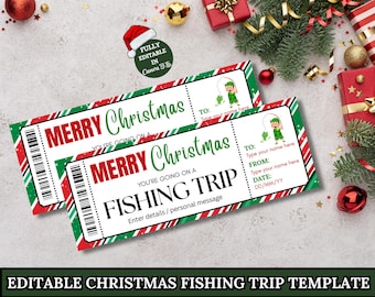 May include: Two Christmas-themed tickets with red, green, and white borders. The tickets read "MERRY Christmas" and "FISHING TRIP". Each ticket has a barcode and space to add details. The image includes Christmas decorations.