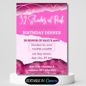 Editable Shades of Pink Invitation, Pink and Silver Birthday Dinner Invitation, Shades of Pink Invitation, Printable or Digital Invitation