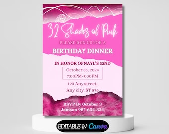 Editable Shades of Pink Invitation, Pink and Silver Birthday Dinner Invitation, Shades of Pink Invitation, Printable or Digital Invitation
