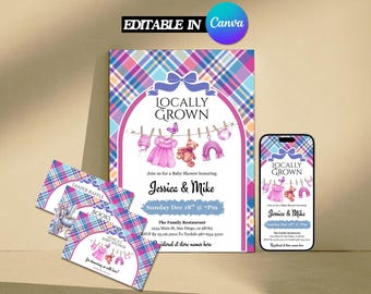 Locally Grown Baby Girl Shower Invitation Bundle, Farmers Market Veggies Bow Editable Template, Printable Template