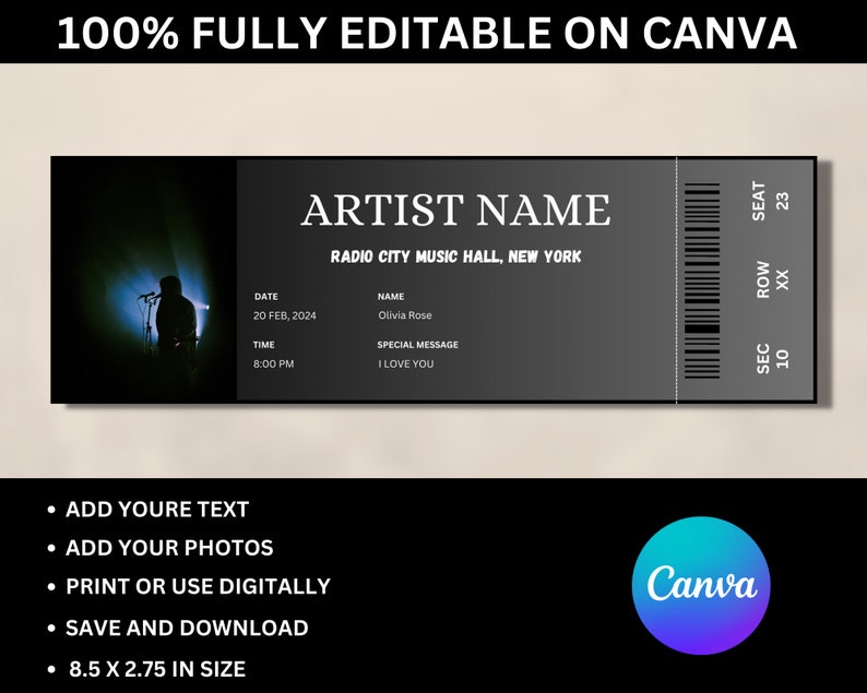 Editable Concert Ticket Template DIY Event Ticket Custom Etsy Editable Concert Ticket Template DIY Event Ticket Custom Etsy