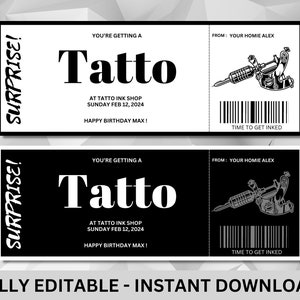 Boleto de vale de regalo falso de tatuaje editable / Plantilla Canva / Boleto personalizado para él o ella / Edítelo cumpleaños / Regalo de Navidad / Aplicación Canva