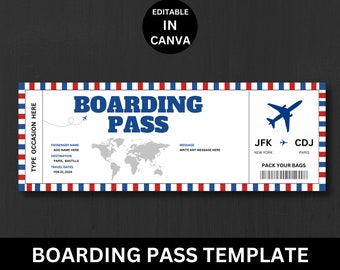 Boarding Pass Ticket Template EDITABLE, Surprise Trip Ticket, Printable Personalized Plane Gift Ticket Voucher, Flight Airline Ticket