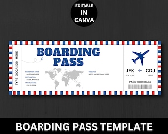 Boarding Pass Ticket Template EDITABLE, Surprise Trip Ticket, Printable Personalized Plane Gift Ticket Voucher, Flight Airline Ticket