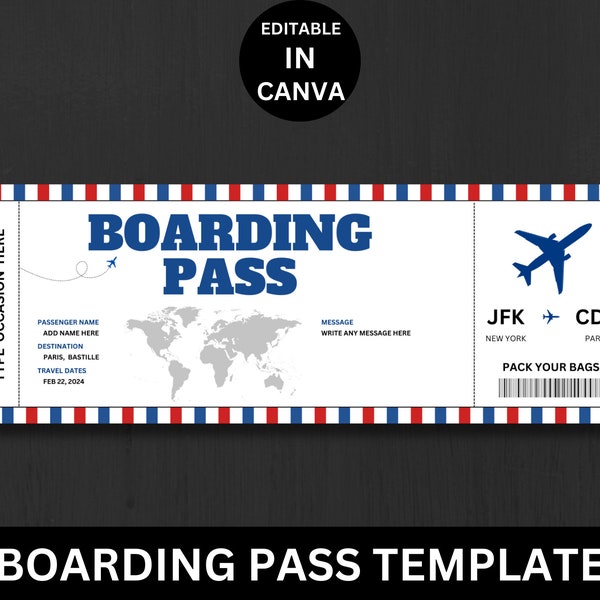 Modèle de billet carte d'embarquement MODIFIABLE, billet de voyage surprise, bon d'achat personnalisé imprimable pour un billet d'avion, billet d'avion