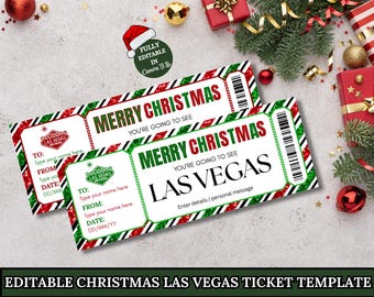 May include: Two Christmas-themed tickets with red, green, and white accents. The tickets read "Merry Christmas" and "Las Vegas." The tickets have space to add names and dates. Festive decorations surround the tickets.