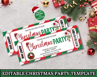 Könnte beinhalten: Zwei Weihnachtsparty-Ticketvorlagen mit roten, grünen und weißen Akzenten. Die Tickets zeigen Weihnachtsmützen, Weihnachtsstern und den Text "Christmas Party". Die Tickets sind von Weihnachtsdekorationen umgeben.