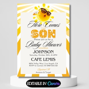 Editable Sunshine Baby Shower Invitation, Here Comes the Son Baby Shower Invite, Boy Sonshine Baby Shower, Boho Sunshine Shower