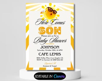 Faire-part de baby shower modifiable soleil, voici le fils Baby Shower inviter, shower de bébé Sonshine garçon, Boho Sunshine Shower