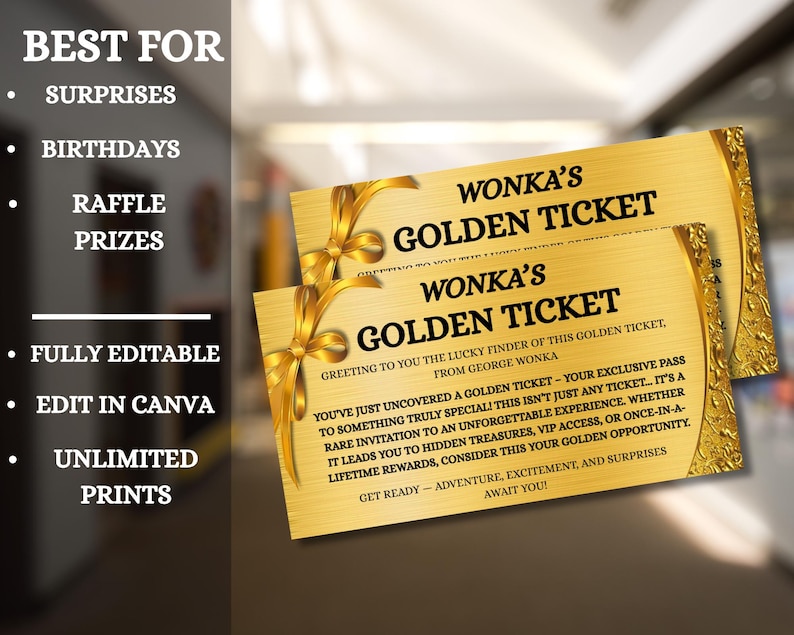 Printable Wonka's Golden Ticket Template, Editable Ticket, Event Ticket ...