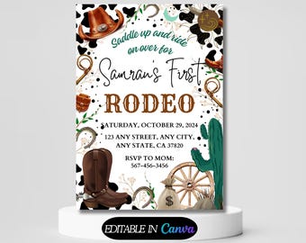 Sjabloon eerste rodeo uitnodiging, wilde westen verjaardagsuitnodiging, jongen cowboy verjaardagsuitnodiging, mijn 1e rodeo-uitnodiging, 5 x 7 Canva