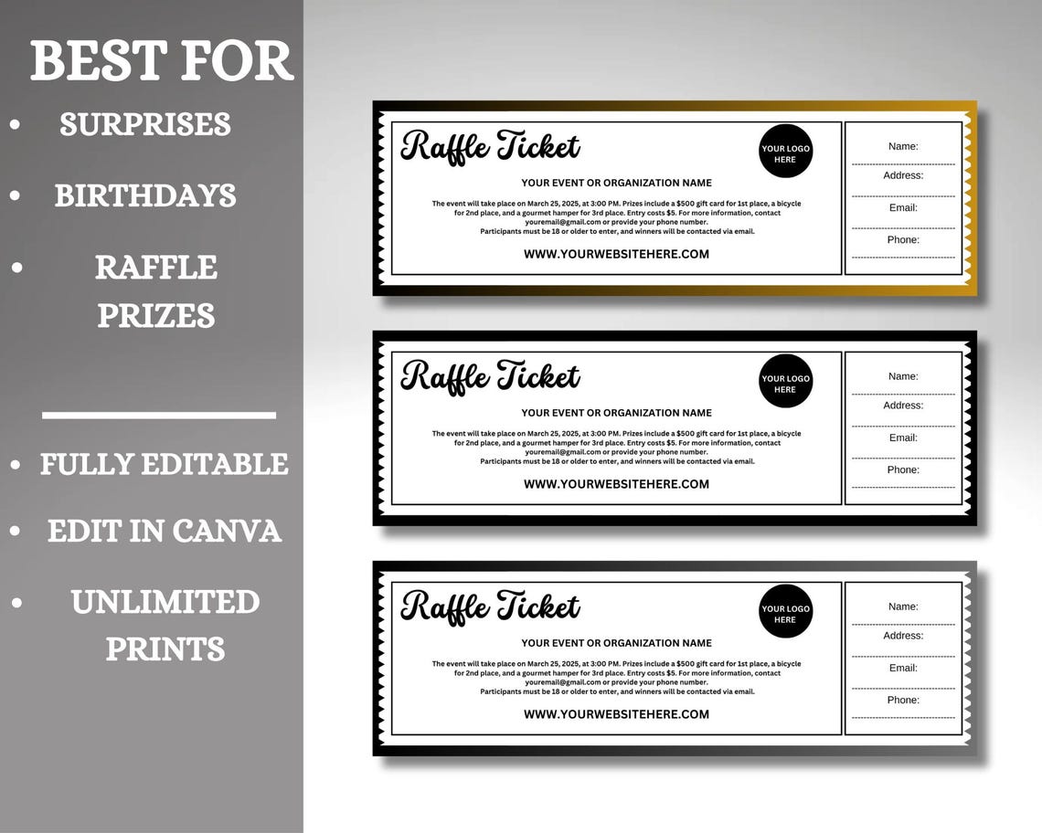 Editable Raffle Event Ticket Template, Raffle Ticket Form, Digital ...