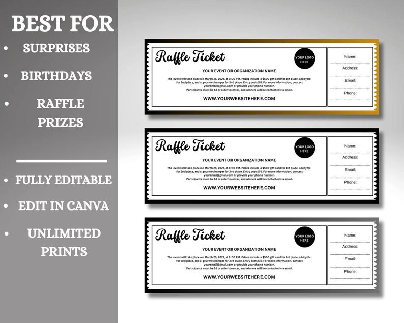 Editable Raffle Event Ticket Template, Raffle Ticket Form, Digital ...