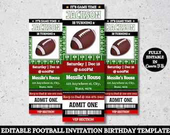 Invito di compleanno per biglietti di football americano, invito per biglietti di football americano, festa di calcio, invito a una festa in stile biglietto sportivo, modificabile stampabile