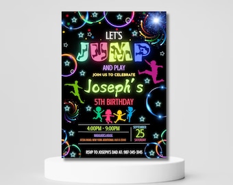 Invitación de cumpleaños de Jump, fiesta Let's Jump, parque de trampolines, salto tie dye, invitación de Jump, fiesta de trampolines, castillo inflable, Canva editable