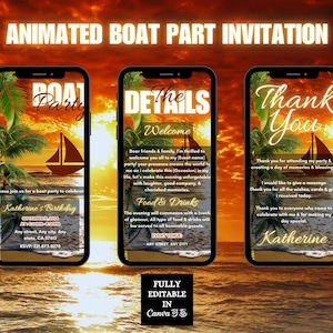Digitale bootfeestuitnodiging, geanimeerde jachtfeestuitnodiging, roze cruise zomerbootfeest Evite, bewerkbaar reisplansjabloon e-card