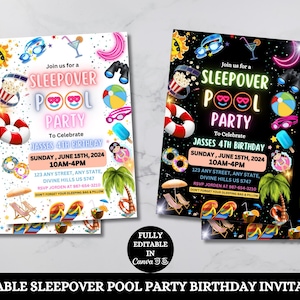 Editable Sleepover Pool birthday invite Slumber party birthday invitation Pink girl Spa tween teen Pool party digital download template