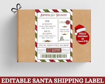 EDITABLE Custom Elf Shipping Postage Label Template | Personalized Elf Arrival Idea | Easy to Edit PDF | Printable Christmas North Pole Mail