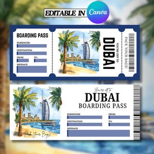 Puede incluir: Dos tarjetas de embarque azules con el texto "Dubai" y "Boarding Pass". Las tarjetas presentan ilustraciones de palmeras, un paisaje urbano y el texto "Pack Your Bags!". La tarjeta superior tiene el texto "Editable in Canva".
